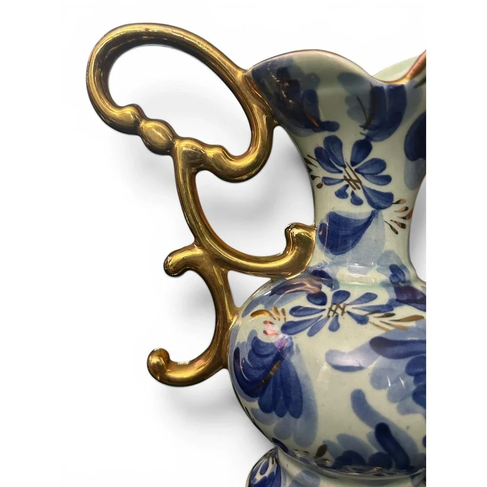 H. Bequet Quaregnon Belgium Hand Painted Blue White Ewer Gold Scroll Handle
